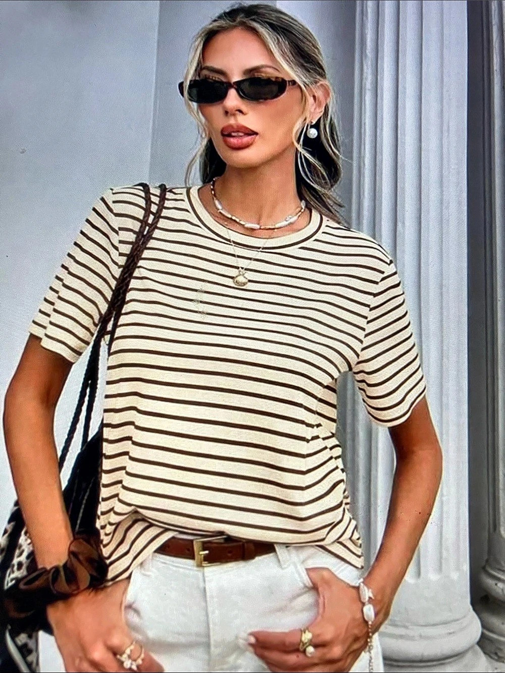 SO Striped Short Sleeve Tee in Cream & Brown